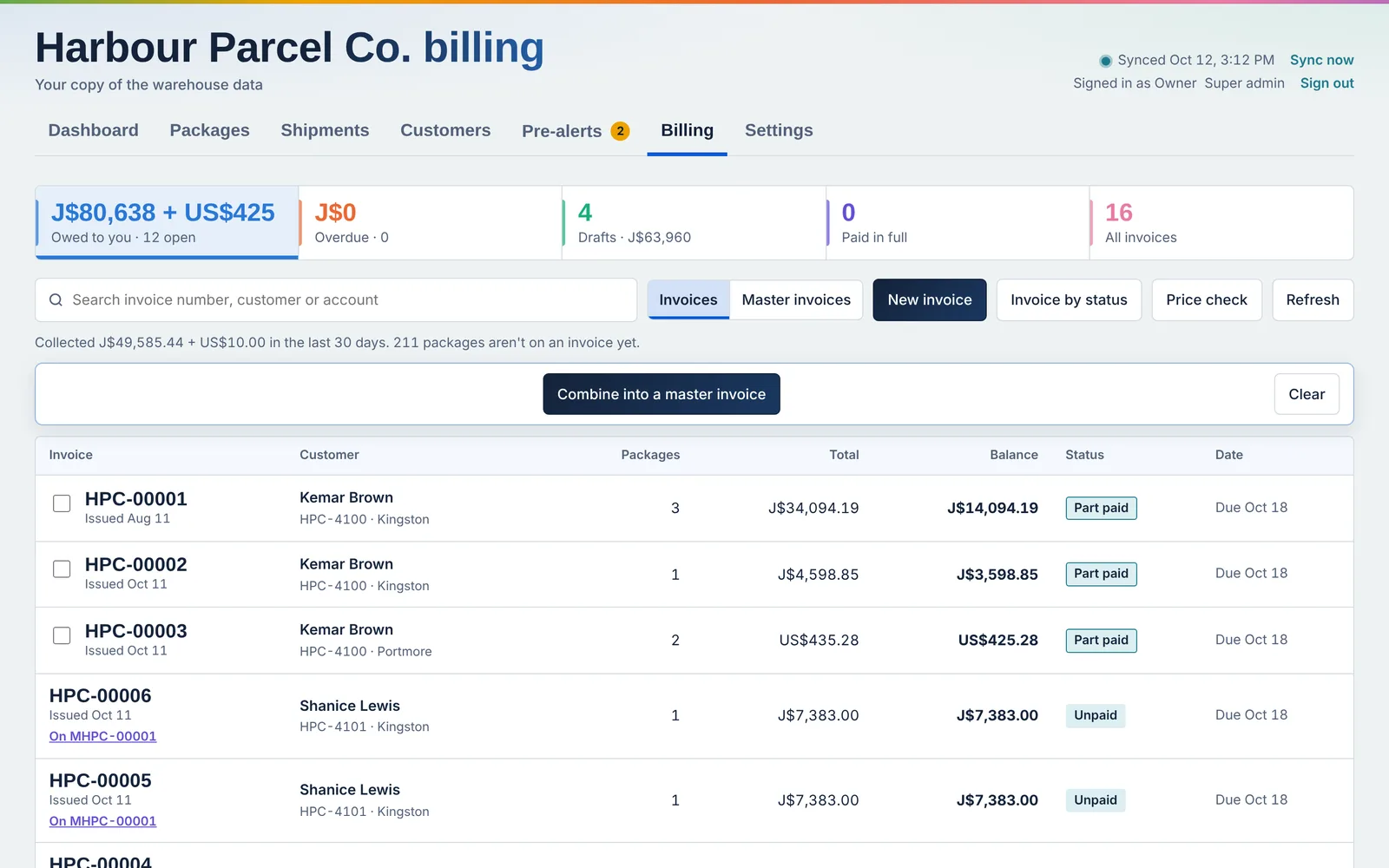 The billing page with amounts owed in J$ and US$, draft and part-paid invoices, and an option to combine them into a master invoice.