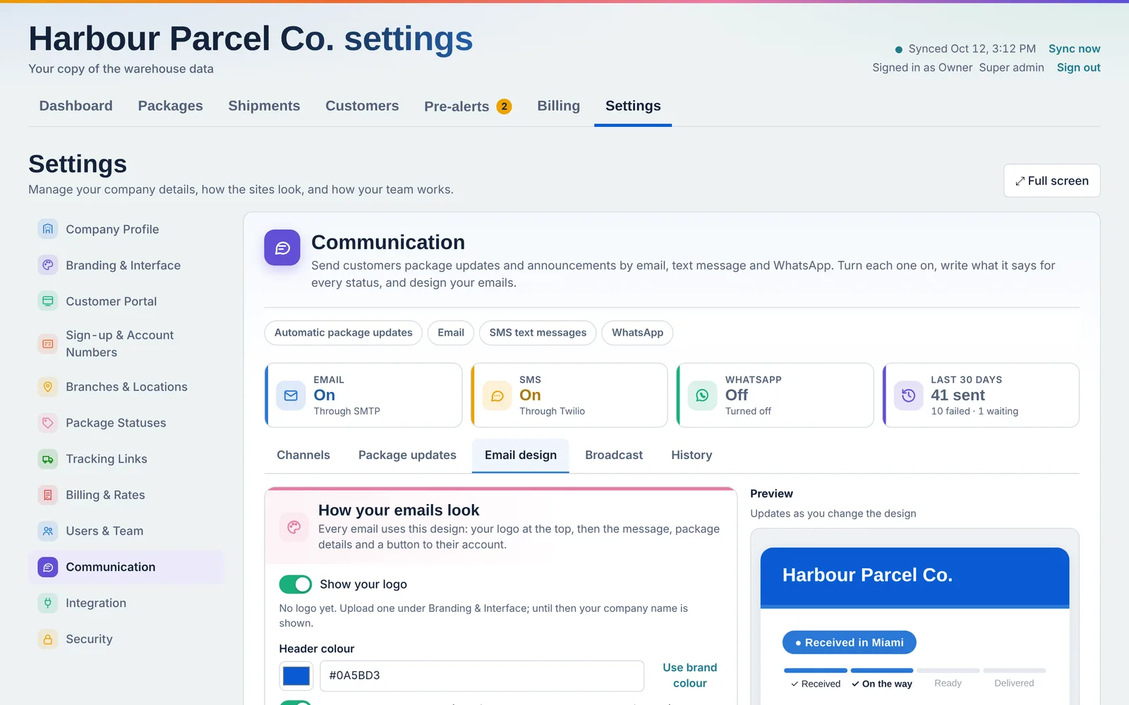 Communication settings: email, SMS and WhatsApp channels, with the email design and a live preview.