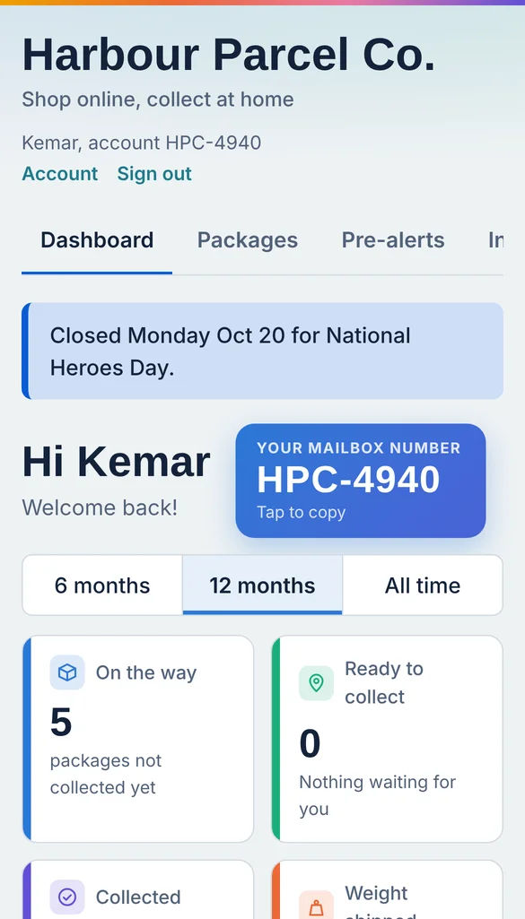 The customer portal on a phone showing the customer's mailbox number and their packages on the way.