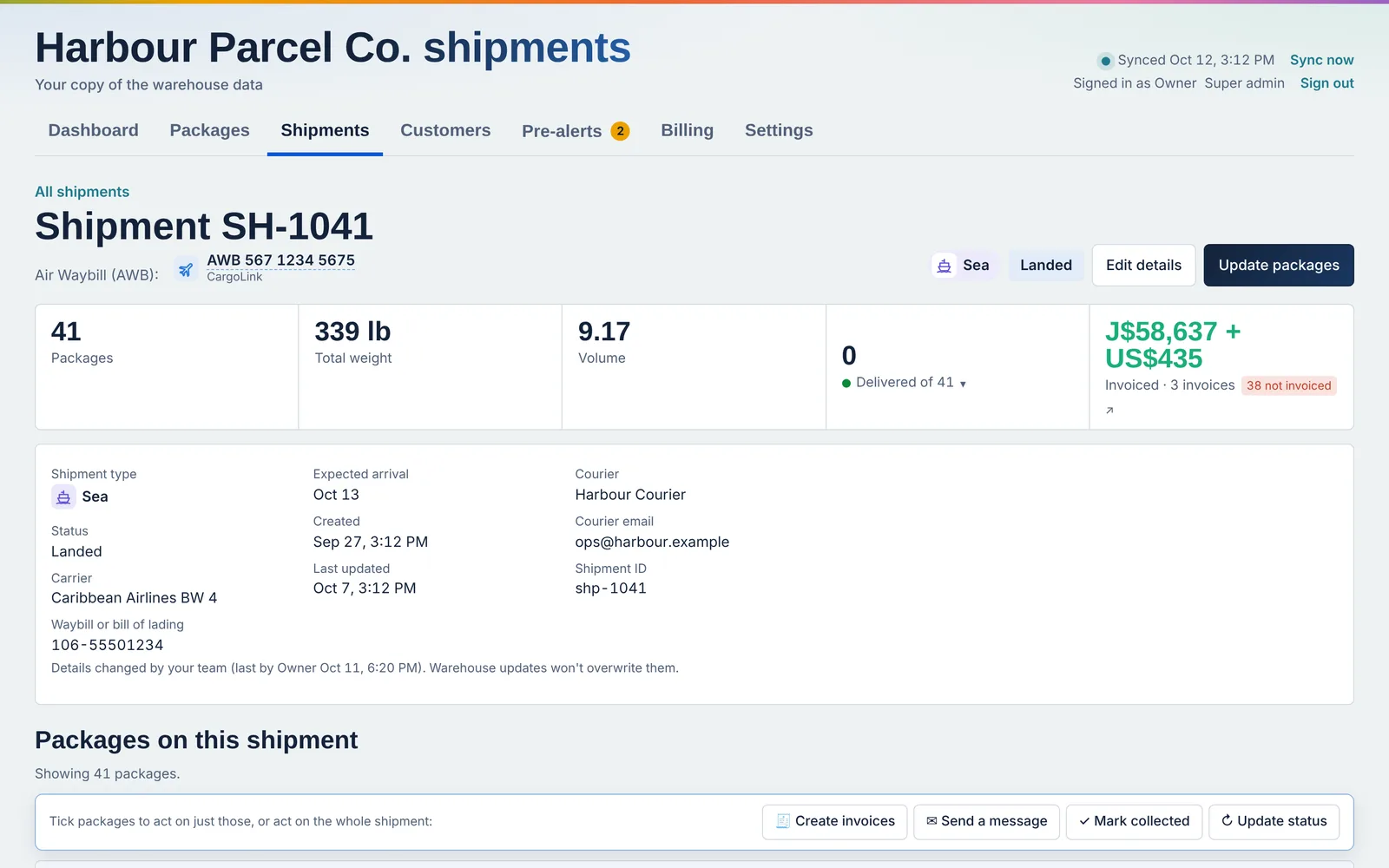A sea shipment page showing 41 packages, total weight, the airway bill, and how much has been invoiced.